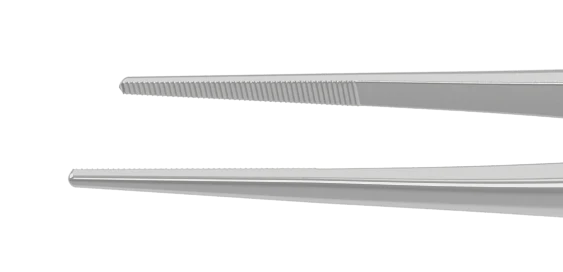 4-071S Dressing Forceps with Delicate Serrations, 12.00 mm Serrated Tips, Straight, Flat Handle, Length 100 mm, Stainless Steel - Image 2